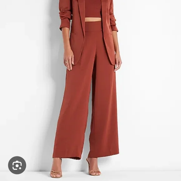 Express Rust Colored Super High Waisted Satin Feel Wide Leg Pant Large - Picture 1 of 6